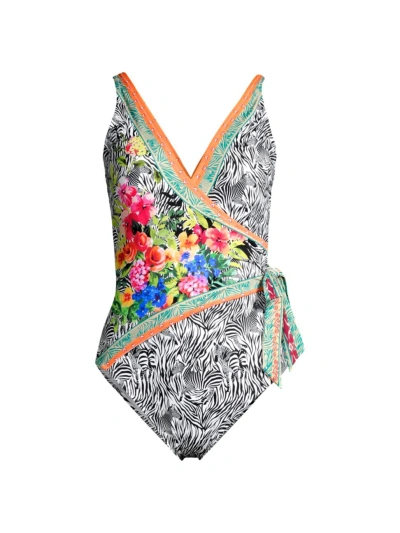 Johnny Was Women's Zebra Print Wrap One-piece Swimsuit In Multi