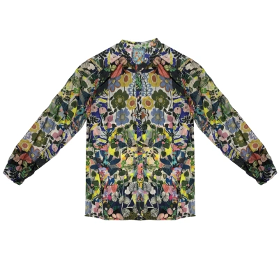 Johnny Was Womens Blouse Chelsea Printed Silk Astra Button Down Long Sleeve Top In Multicolor