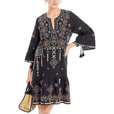 Johnny Was Womens Kimono Sleeve V-neck Shirtdress In Black