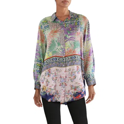 Johnny Was Womens Silk Buttons Button-down Top In Multi