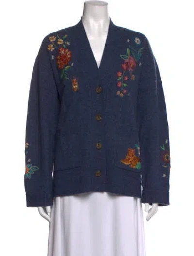 Pre-owned Johnny Was Wool Floral Print Sweater In Blue