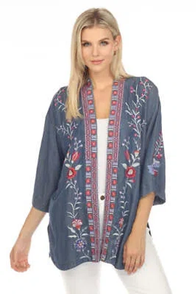 Pre-owned Johnny Was Workshop Blue Piper Embroidered Shirt Tail Kimono Boho Chic W41023 Ne In Multicolor