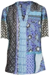 Johnny Was Women Workshop Casablanca Ramie Tunic Top Blouse In Black & Blue In Multi