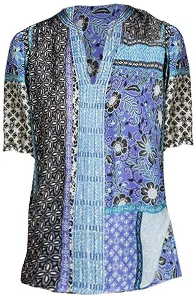 Pre-owned Johnny Was Women Casablanca Workshop Split Neckline Pullover Ramie Tunic Blouse In Blue