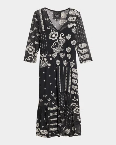 Johnny Was Wynona Patchwork Embroidered Midi Dress In Black