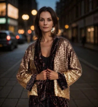 Pre-owned Johnny Was Xl 1x Kimono Silk Velvet & Sequin Gold & Leopard Jacket Wrap Coat