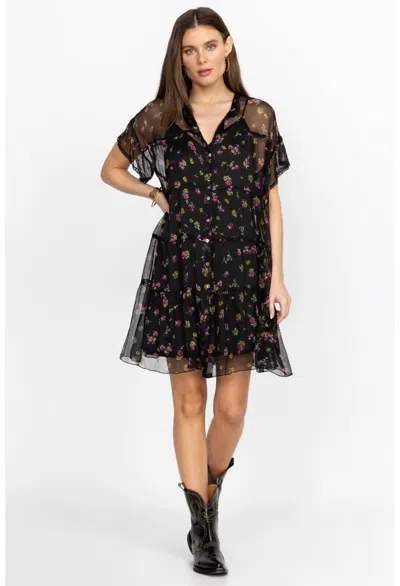 Pre-owned Johnny Was Xl Natalia Tiered 100% Silk Chiffon Mini Dress + Slip Black Floral