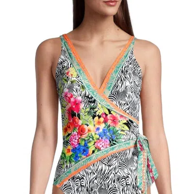 Johnny Was Zebra Print Wrap Style Swimsuit In Multi In Green