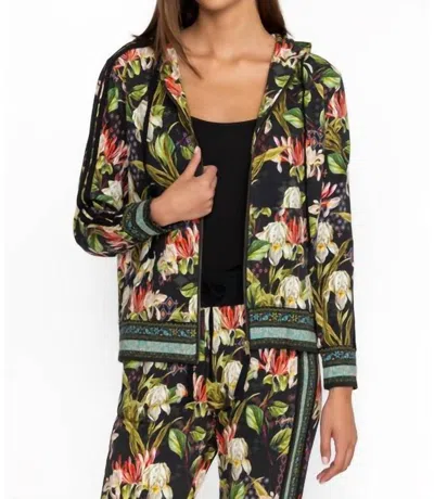 Johnny Was Zip Front Hoodie With Tape In Iris Whisper Scarf Print In Multi