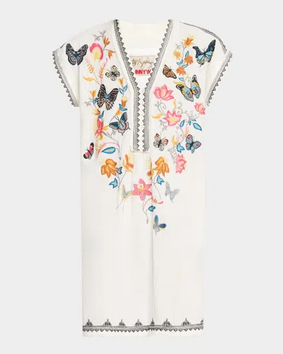 Johnny Was Zippy Embroidered Cotton Gauze Tunic Dress In White