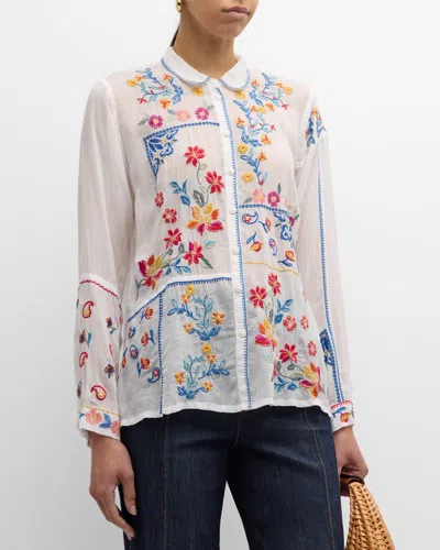 Johnny Was Zodea Floral-embroidered Eyelet Top In White