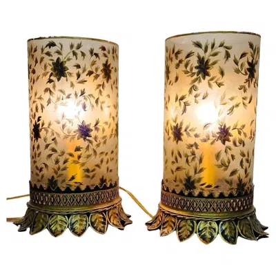 Pre-owned John-richard 1980s John Richard Regency Table Lamps, Metal & Glass, Floral Accents In Sand