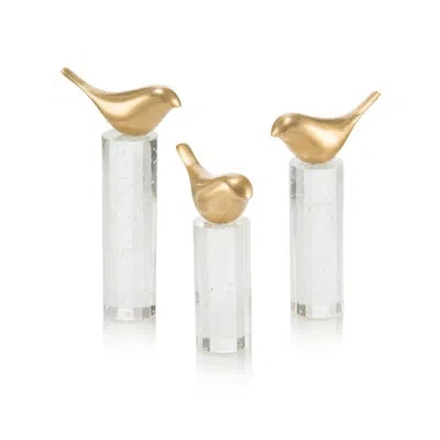 John-richard 3 Piece Perched Bird Figurine Set In Honey Brass,clear