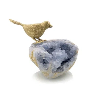 John-richard Bird On Celestite Rock I Figurine In Blue,gold