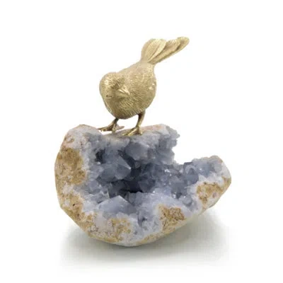 John-richard Bird On Celestite Rock Ii Figurine In Light Blue,gold