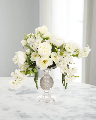 John-richard Collection Bling Roses And Blossoms 16" Faux Floral Arrangement In Glass Vase In White