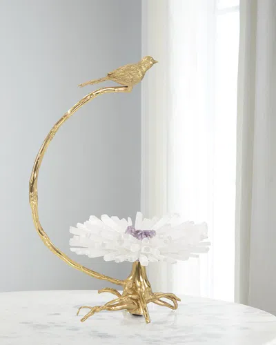 John-richard Collection Brass Bird On Selenite Bloom Sculpture In Gold