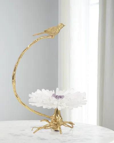 John-richard Collection Brass Bird On Selenite Bloom Sculpture