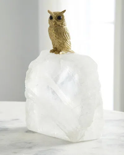 John-richard Collection Perched Brass Owl Sculpture On Selenite, Small In White