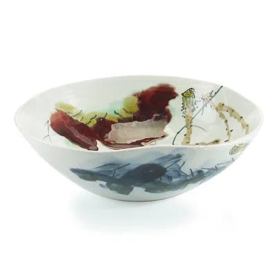 John-richard Curled-rim Ceramic Abstract Farmhouse / Country Decorative Bowl In Oxblood/green In Oxblood,green