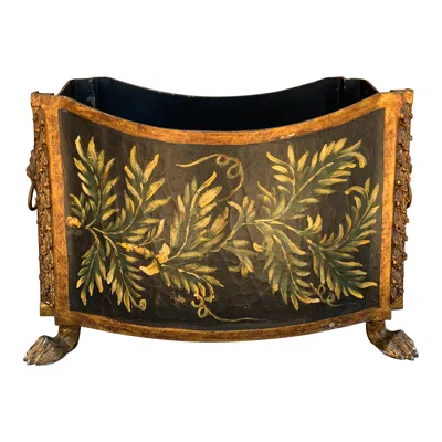 Pre-owned John-richard French Neoclassical Black & Gold Cachepot Planter Vase With Lion Heads And Paws