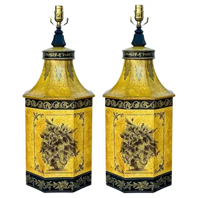 Pre-owned John-richard Large English Neo-classical Cannister Style Tole Metal Table Lamps - Pair In Brown