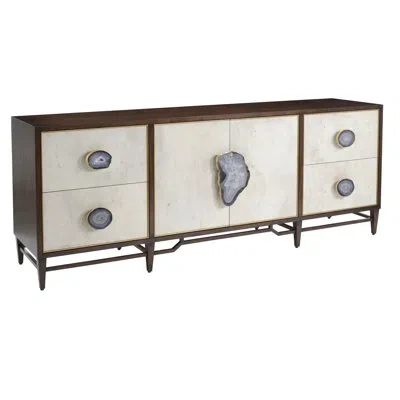 John-richard Mercia 87'' Wide 4 Drawer Walnut Solid Wood Credenza In Brown,ivory,gold
