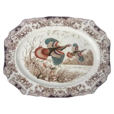 Pre-owned Johnson Brothers English Transferware Large Turkey Platter, Flying Turkeys By  In Gray