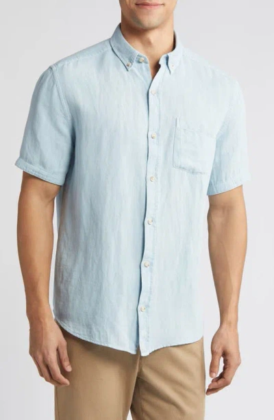 Johnston & Murphy Antique Dyed Linen Blend Short Sleeve Button-down Shirt In Blue