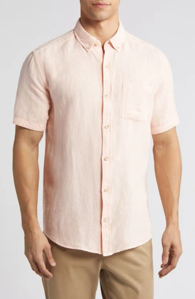 Johnston & Murphy Antique Dyed Linen Blend Short Sleeve Button-down Shirt In Melon