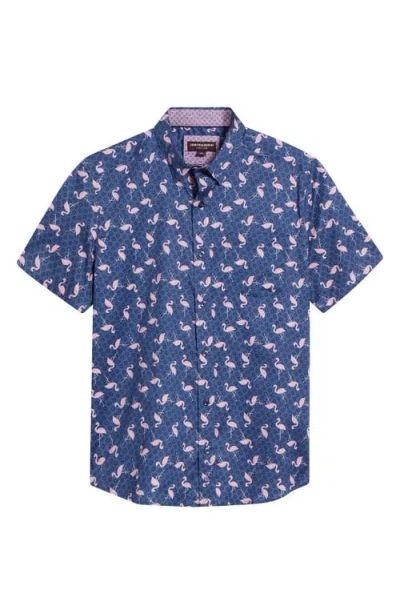 Johnston & Murphy Flamingo Print Short Sleeve Button Up Shirt In Navy/pink