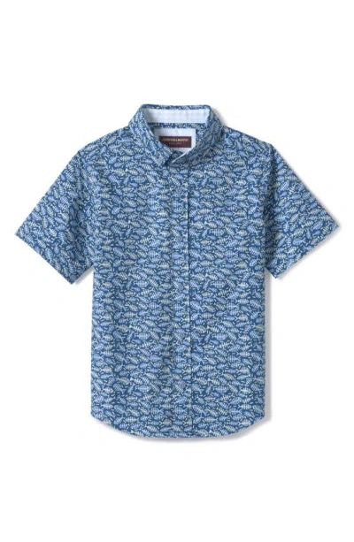 Johnston & Murphy Kids' Fishbone Print Short Sleeve Cotton Button-down Shirt In Navy