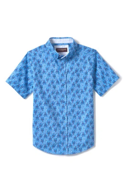 Johnston & Murphy Kids' Lobster Print Short Sleeve Cotton Button-down Shirt In Blue