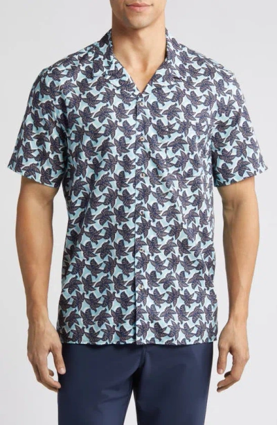 Johnston & Murphy Leaf Print Cotton And Modal Camp Shirt In Blue