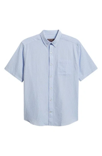 Johnston & Murphy Leland Stripe Short Sleeve Seersucker Button-down Shirt In Blue