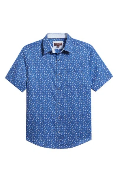 Johnston & Murphy Logan Airplane Print Short Sleeve Cotton Blend Button-up Shirt In Blue