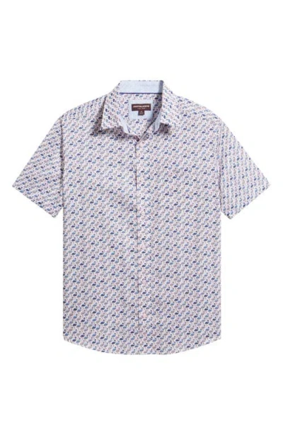 Johnston & Murphy Logan Flamingo Print Short Sleeve Cotton Blend Button-up Shirt In Blue