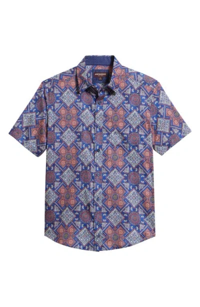 Johnston & Murphy Logan Geo Print Short Sleeve Cotton Blend Button-up Shirt In Blue