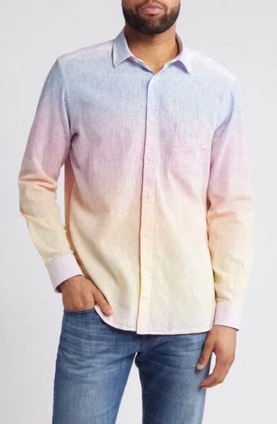 Johnston & Murphy Ombré Cotton & Linen Button-up Shirt In Blue/pink