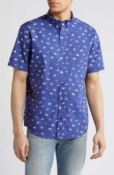 Johnston & Murphy Sushi Print Short Sleeve Cotton Button-down Shirt In Navy