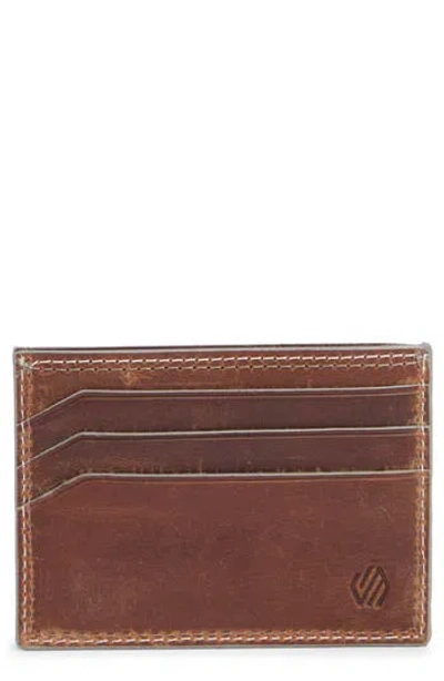 Johnston & Murphy Waxy Double Stitch Leather Card Case In Brown