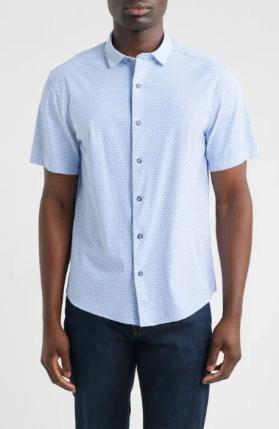 Johnston & Murphy Xc+™ Motion Microprint Short Sleeve Performance Knit Button-up Shirt In Blue