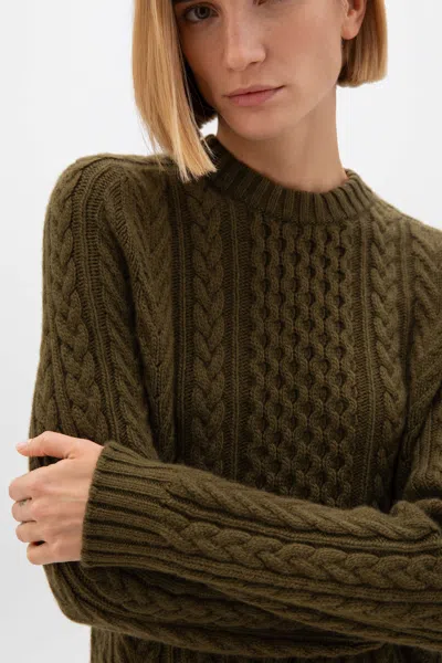 Johnstons Of Elgin Aran Cable Olive Green Cashmere Jumper In Brown