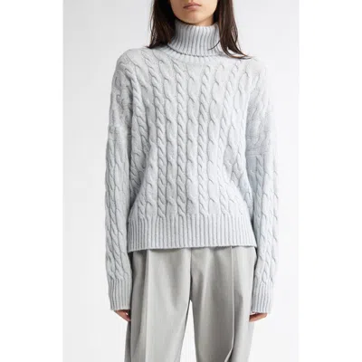 Johnstons Of Elgin Cable Knit Donegal Cashmere Turtleneck Sweater In Ice Blue Donegal