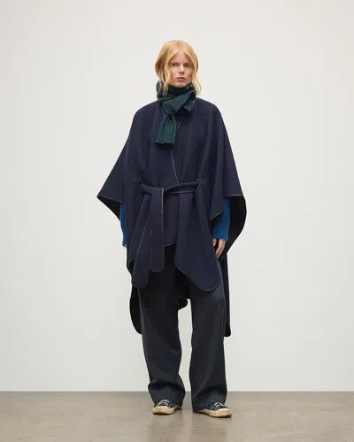 Johnstons Of Elgin Charcoal Belted Cape With Leather Binding In Blue