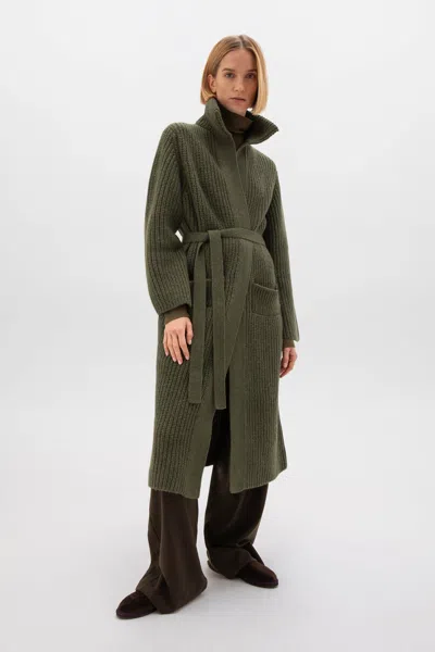 Johnstons Of Elgin Chunky Rib Knit Olive Green Cashmere Cardigan In Metallic