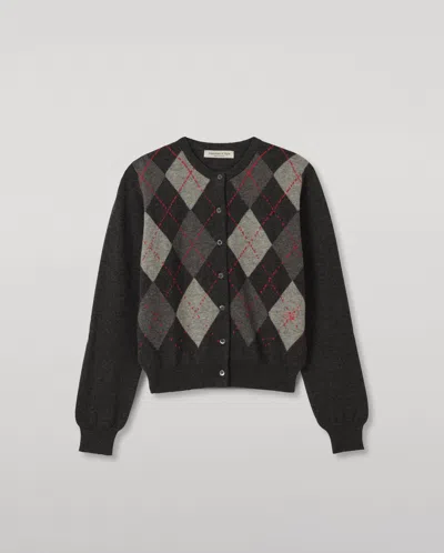 Johnstons Of Elgin Clan Charcoal Argyle Cashmere Cardigan In Brown