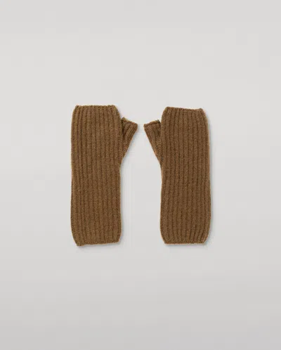 Johnstons Of Elgin Della Ribbed Green Cashmere Wristwarmers In Brown