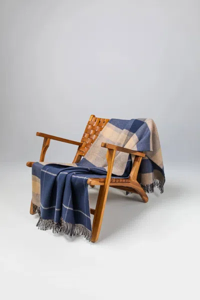 Johnstons Of Elgin Double Face Lambswool Throw In Brown & Navy Overcheck In Blue