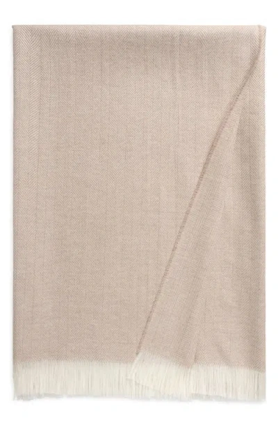 Johnstons Of Elgin Fringed Wool Herringbone Throw Blanket In Fawn White